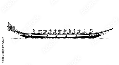Detailed black and white illustration of a traditional dragon boat with a full crew of paddlers, symbolizing teamwork, cultural heritage, and competitive water sports.