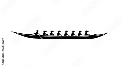 Silhouette of a rowing crew with eight athletes paddling in a longboat, symbolizing teamwork and synchronicity.