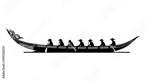 Silhouette of a Longtail Boat with Rowers