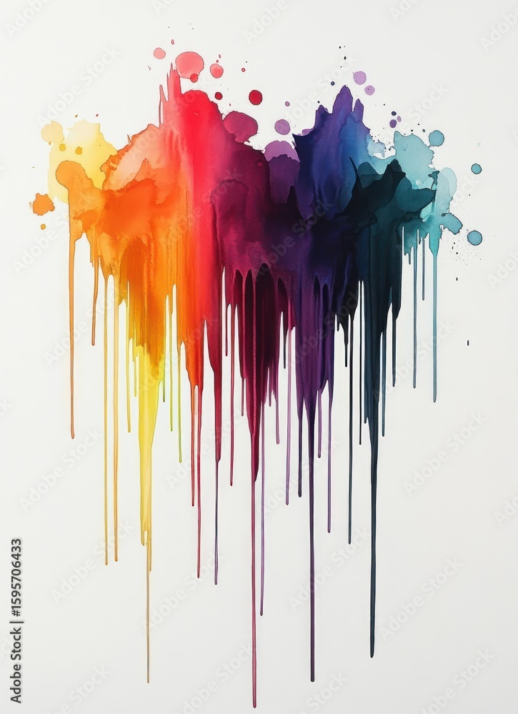 Fototapeta premium Abstract vertical dripping watercolor paint blending warm and cool colors on white background, creating fluid dynamic movement and vibrant emotional contrast