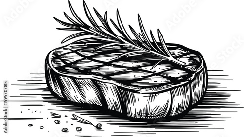 Delicious grilled steak with rosemary drawing for food blog and restaurant menu design vector illustration