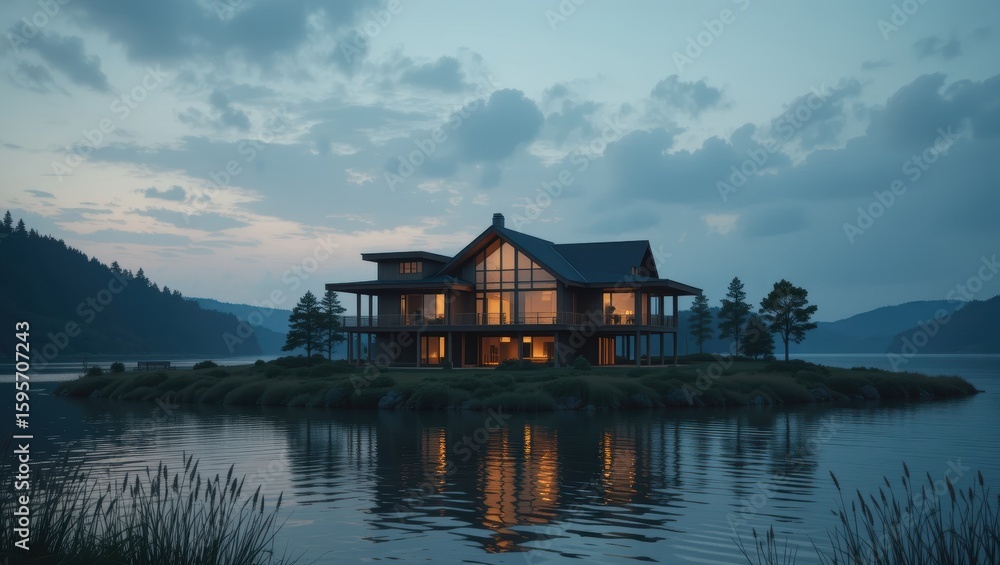 Fototapeta premium Modern House on an Island with Reflective Water at Twilight Surrounded by Lush Landscape
