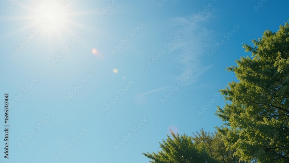 Fototapeta premium Vibrant Blue Sky and Bright Sunlight Illuminating Lush Green Tree in Serene Outdoor Landscape
