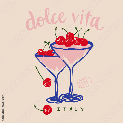 Hand drawn vector dolce vita illustration. cherry print design. Art for t shirt design, women's fashion, greeting cards, branding, logo design. Matisse style illustrations.