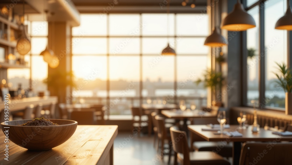 Fototapeta premium Elegant Restaurant Interior with Warm Sunset Lighting and Urban Cityscape View