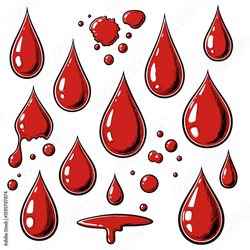 
Red blood drops collection — vector illustration for Halloween design.

