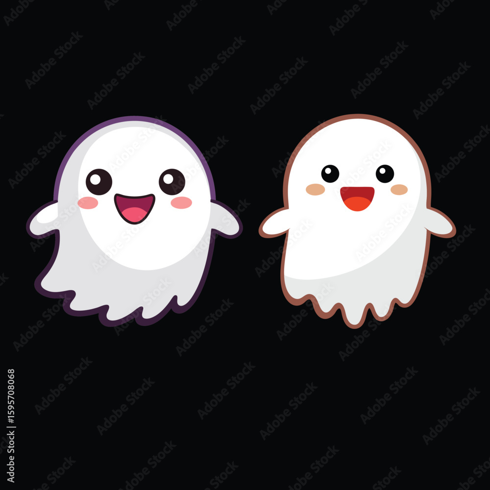 Obraz premium Two adorable cartoon ghosts with happy expressions on a black background