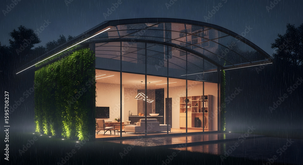 Fototapeta premium Modern Glass House in the Rain