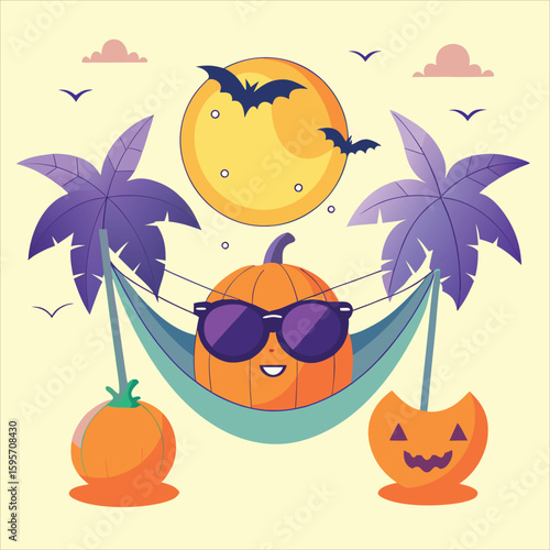 Cartoon halloween scene with pumpkin in hammock under full moon night
