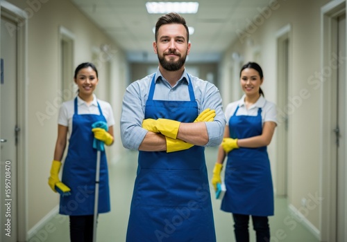 The cleaning staff is ready to service a hallway wearing aprons and gloves, looking confident and smiling.