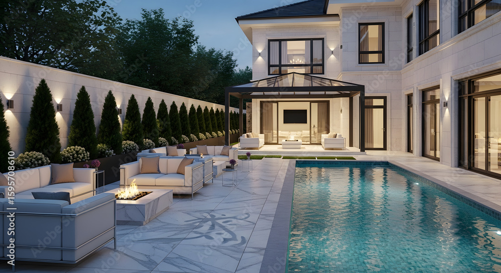 Fototapeta premium Luxury backyard with pool at night