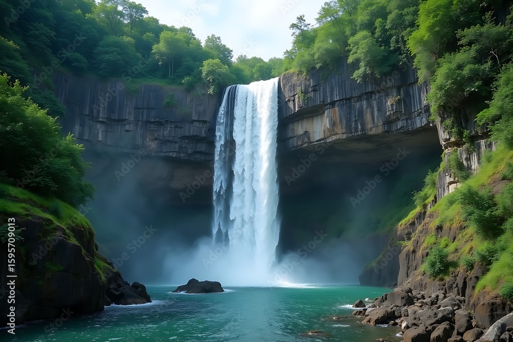 Fototapeta premium A majestic waterfall cascading down a rocky cliff with lush greenery, ideal for nature ads