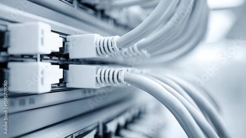 Network cable connection with white cables plugged into server data