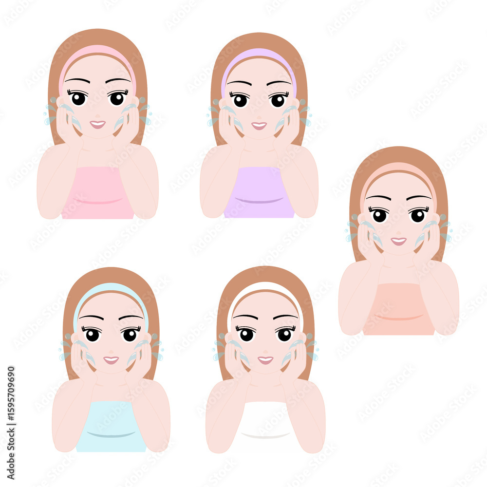 Set of Woman Washing Her Face Daily Skincare Routine Set of Woman Washing Her Face Daily Skincare Routine