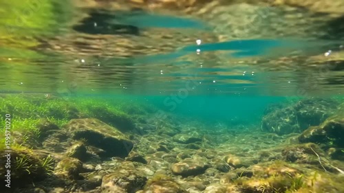 Underwater view of a shallow riverbed with rocks and aquatic plants.