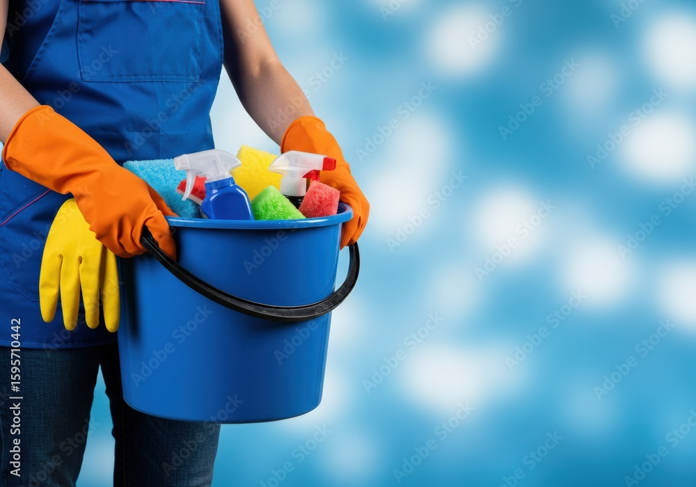 A cleaner holds a bucket of cleaning supplies, ready to sanitize and disinfect. A cleaner holds a bucket of cleaning supplies, ready to sanitize and disinfect.