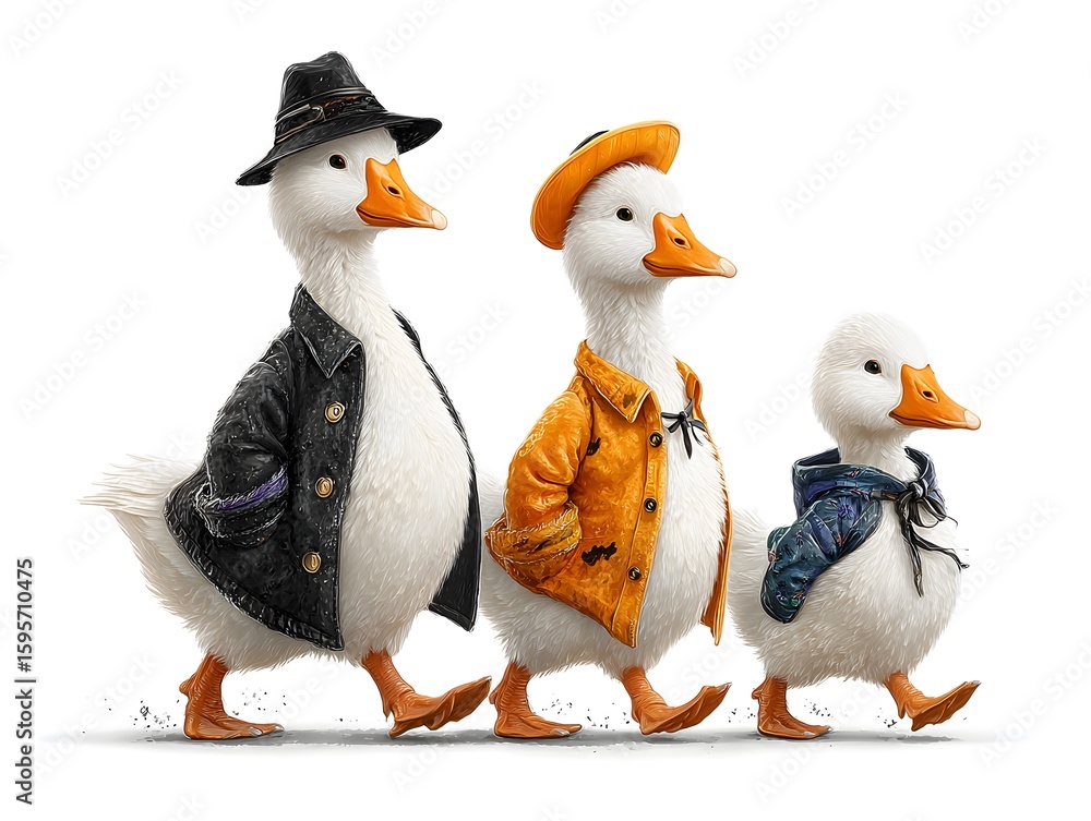 Fototapeta premium Three adorable ducks dressed in stylish outfits stroll together against a clean white studio background.