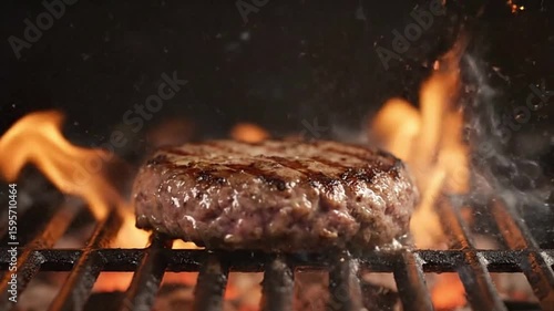 A ground meat patty grills on a cast iron grate over a gas flame with hot fat popping off the meat