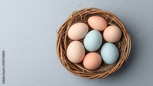 Wallpaper Mural Six pastel colored eggs three light blue and three peach resting inside a woven straw nest on a gray background Torontodigital.ca
