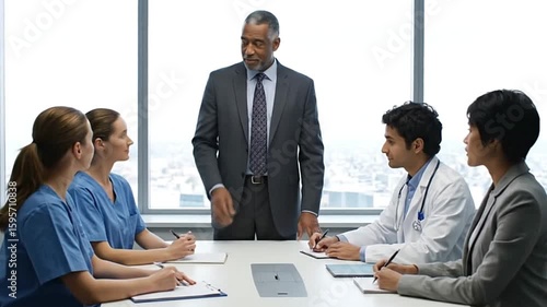 A meeting with medical professionals including nurses a doctor and a speaker gathered around a conference table in an office with a large window