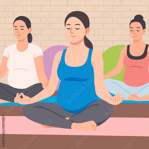 Pregnant Women Practicing Prenatal Yoga and Meditation