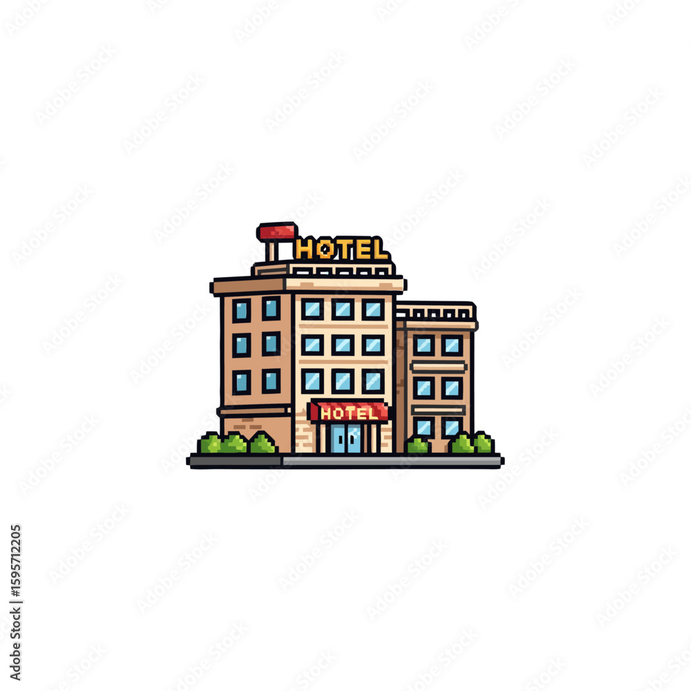 Obraz premium Pixel art illustration of a hotel building with a sign on top, surrounded by greenery.