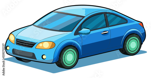 A bright blue cartoon car with a sporty coupe design and teal wheels is depicted at an angle on a white background, with a subtle shadow beneath it.