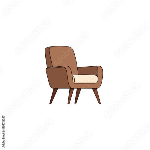 Illustration of a brown armchair with a cream-colored cushion on a white background.