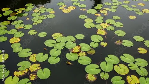 Lily pads on a dark water surface.