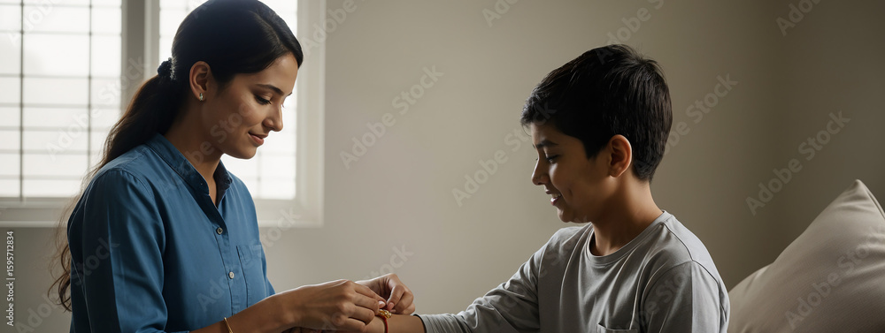 Obraz premium Heartfelt Raksha Bandhan between caring elder sister and sweet little brother at home Indian Middle Class Family