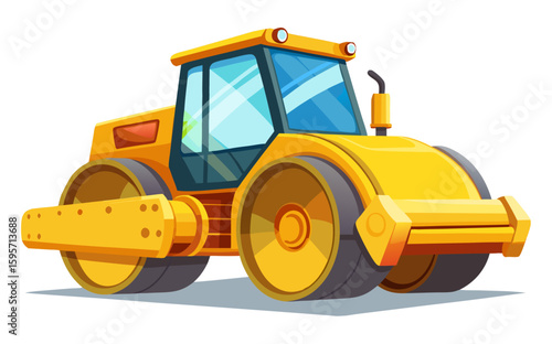 A cartoon illustration of a large yellow road roller.
