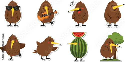 Cute kiwi bird stickers in various poses and with different accessories.