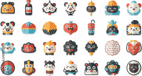 A collection of adorable, cartoonish animal and food-themed illustrations, designed in a flat style.