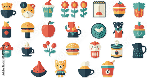 Flat design icons depicting various everyday objects, animals, and food items in a colorful, cartoonish style.