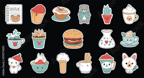 Cute cartoon stickers of food, drinks, animals, and plants on a black background.