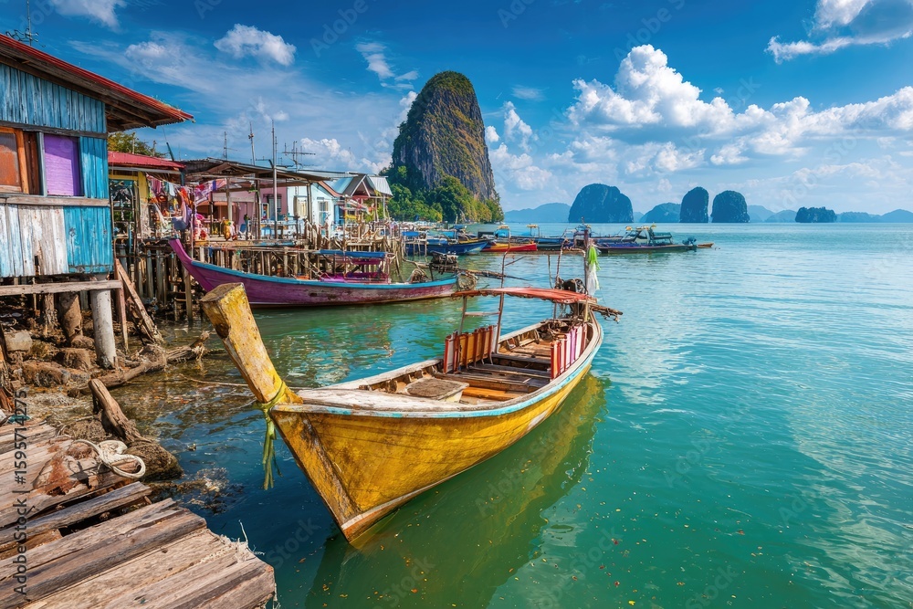 Colorful stilt houses on a tropical bay. Wooden longtail boats moored at waterfront. Sunny day, clear water, distant limestone cliffs Colorful stilt houses on a tropical bay. Wooden longtail boats moored at waterfront. Sunny day, clear water, distant limestone cliffs