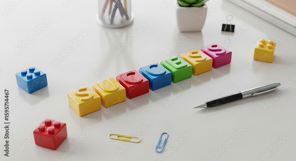 Naklejka premium Vibrant building blocks spelling SUCCESS on a bright white business desk setup