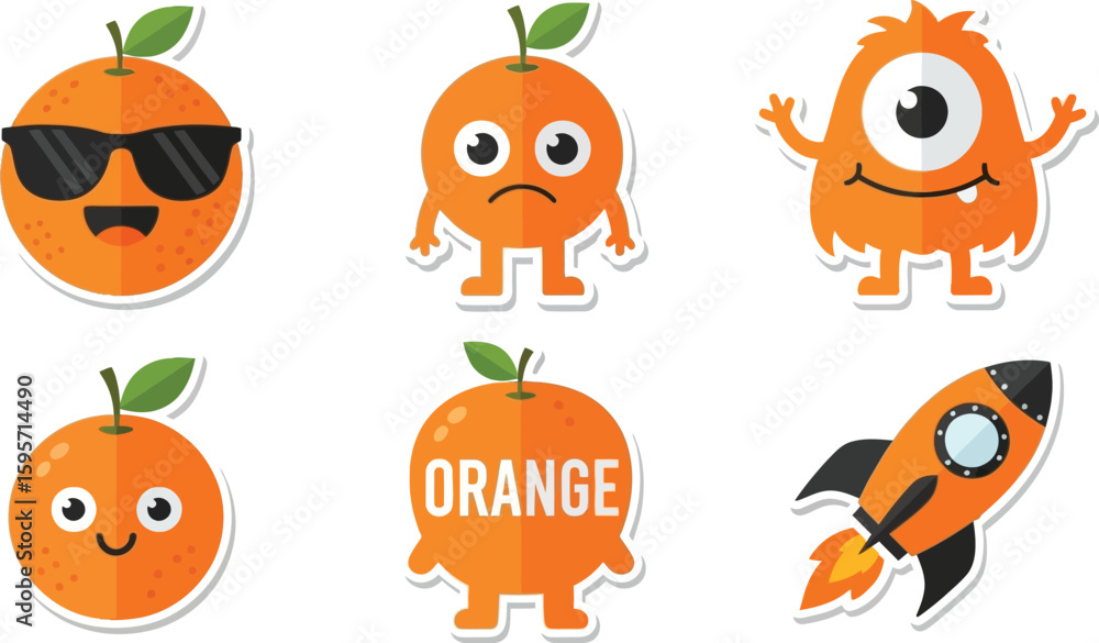 Obraz premium Cute cartoon fruit, monster, and rocket stickers; playful designs in orange.