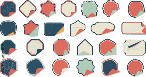 Collection of vintage-style, decorative labels with peeling stickers in various shapes and colors.