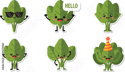 Cute cartoon spinach leaves in various poses and expressions, designed as stickers or digital graphics.