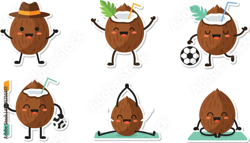 Cute cartoon coconut characters in various poses and activities, including playing sports, drinking, and yoga.