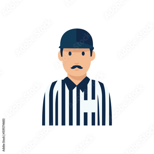A flat design icon of a boxing referee in a striped shirt and bow tie, representing officiating and rules in a match.