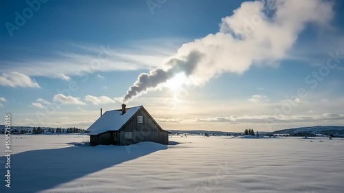 Snowy landscape with a small house and smoke
