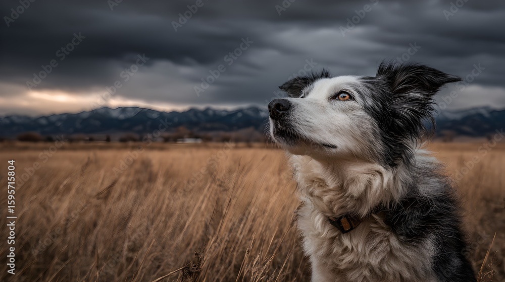 Fototapeta premium A border collie dog stares upward hopefully in a field with mountains and a stormy sky background scene.