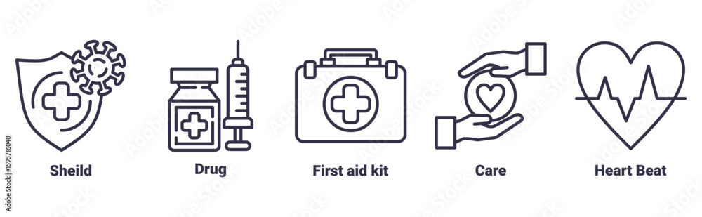 Fototapeta premium shield, drug, first aid kit, care, heart beat icon set illustration concept about Healthcare and Medical