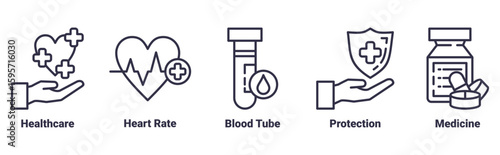 healthcare, heart rate, blood tube, protection, medicine icon set illustration concept about Healthcare and Medical