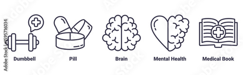 dumbbell, pill, brain, mental health, medical book icon set illustration concept about Healthcare and Medical