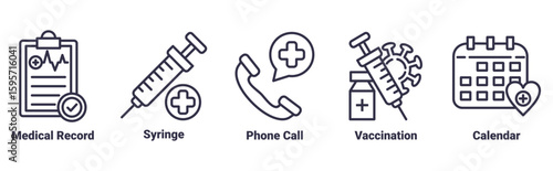 medical record, syringe, phone call, vaccination, calendar icon set illustration concept about Healthcare and Medical
