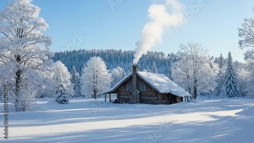 Snowy winter scene with wooden cabin
