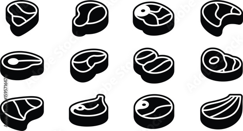 Steak cuts vector icon set illustration, different types of meat, beef steak, pork steak, meat icons